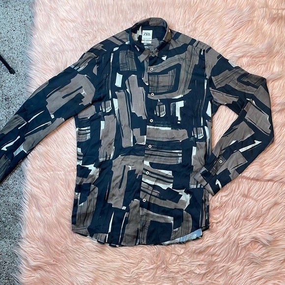Zara Men Black Gray Brown‎ White Long Sleeve Button Down Shirt Size Small - Picture 1 of 4